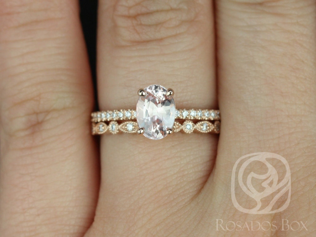 1 60ct Oval Blush Peach Sapphire Diamonds Thin Pave Solitaire Wedding Set Rings 14kt Rose Gold Ready To Ship Darcy 1 60ct Gwen Rosados Box