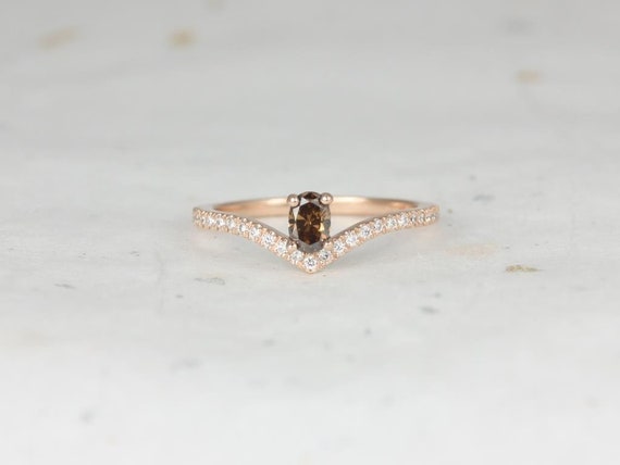 0.26cts Ready to Ship Anaya 14kt Rose Gold Chevron Cognac Diamond Oval Ring,Gift For Her,Anniversary Gift,Birthday Gift,Unique Diamond Ring