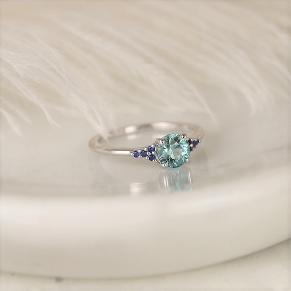 1.21ct Ready to Ship Malia 14kt White Gold Bright Teal Zircon Blue Sapphire Dainty Round 3 Stone Cluster Ring