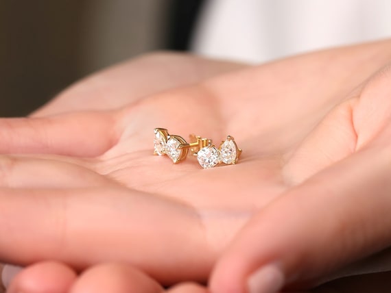 1ct Gemella 14kt Gold Moissanite Toi Et Moi Earrings,Cluster Earrings,Climber Earrings,Unique Stud Earrings,Gift For Her,Studs