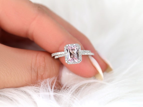 1.68ct Ready to Ship Lisette 14kt White Gold Blush Sapphire Diamond Dainty Radiant Halo Bridal Set,Radiant Halo Ring,Anniversary Gift