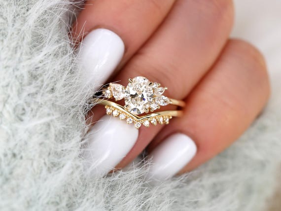 1ct Wisteria & Lonnie 14kt Gold Diamond Cluster Bridal Set,Art Deco Floral Engagement Ring Set,Unique Oval Cut Wedding Ring,Push Present