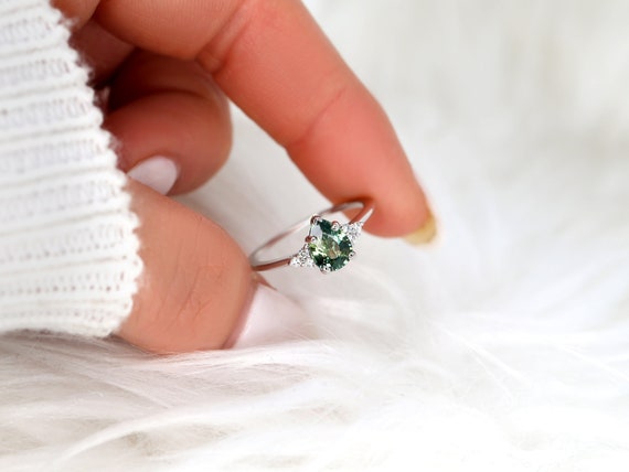 1.19ct Ready to Ship Juliet 14kt White Gold Teal Sapphire Diamond Cluster Ring,Pear Engagement Ring, Unique Art Deco Ring,Sapphire Ring