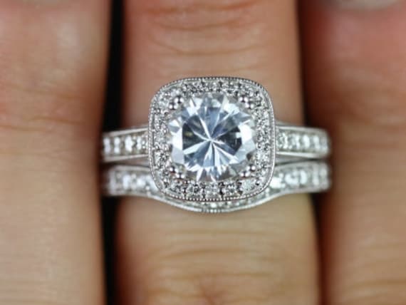 SALE Ready to Ship Daria 7mm 18kt White Gold Hand Engraved Round FB Moissanite and FVS Diamond Cushion Halo Wedding Set,