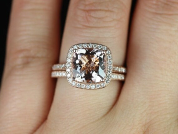 Ready to Ship Hollie 9mm 14kt Rose Gold Cushion Morganite Diamond Pave Halo  Bridal Set