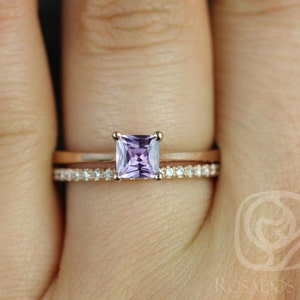 0.60ct Ready to Ship Gallina & Barra 14kt Purple Sapphire Diamond Princess Solitaire Bridal Set,Purple Sapphire Ring,Unique Wedding Ring