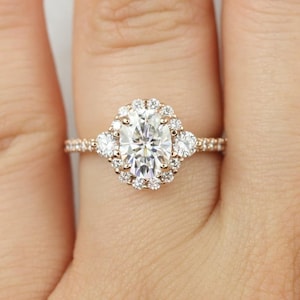 1.50ct Bridgette 8x6mm 14kt Rose Gold Moissanite Diamonds Art Deco Halo Engagement Ring,Three Stone Ring,Art Deco Ring,Anniversary Gift