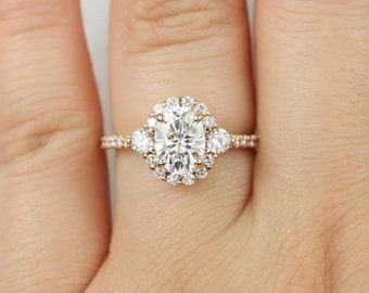 1.50ct Bridgette 8x6mm 14kt Rose Gold Moissanite Diamonds Art Deco Halo Engagement Ring,Three Stone Ring,Art Deco Ring,Anniversary Gift