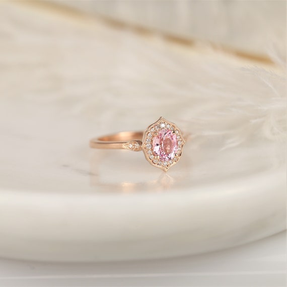 0.92ct Ready to Ship Mae 14kt Rose Gold Peach Blush Champagne Sapphire Diamond Halo WITH Milgrain Art Deco Engagement Ring