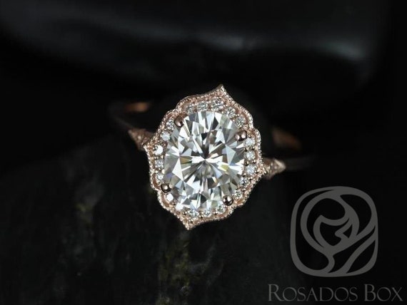 SALE  Ready to Ship Mae 9x7mm & Ult Pte Leah 14kt Gold Oval FB Moissanite Diamond Unique Halo WITH Milgrain Bridal Set