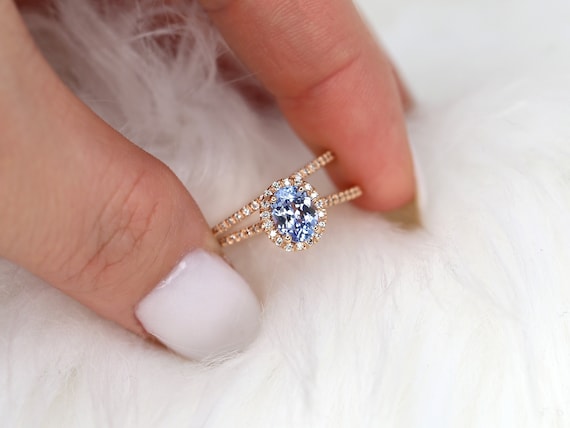 1.07ct Ready to Ship Rebecca 14kt Rose Gold Cornflower Sapphire Diamonds Oval Halo Bridal Set,Dainty Oval Sapphire Ring,Anniversary Gift
