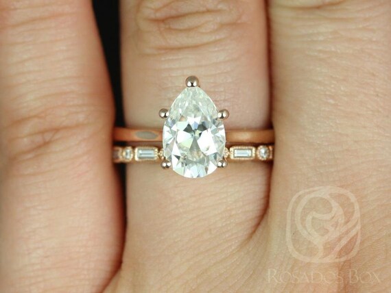 2ct Skinny Jane 10x7mm & Ivanna 14kt Rose Gold Forever One Moissanite Art Deco Pear Solitaire Bridal Set