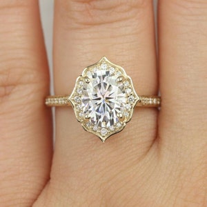 2ct Myra 9x7mm 14kt Moissanite Diamond WITHOUT Milgrain Oval Halo Ring,Art Deco Wedding Ring,Unique Halo Ring,Oval Engagement Ring