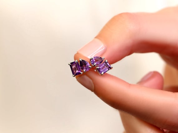 Gemini 14kt Amethyst Toi Et Moi Earrings,Cluster Earrings,February Birthstone Jewelry,Two Stone Earrings,Amethyst Studs,Purple Earrings
