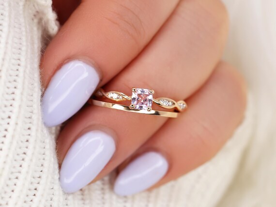 0.44ct Ember & Romani 14kt Rose Gold Peach Sapphire Diamond Cushion Solitaire Bridal Set,Cushion Sapphire Ring,Anniversary Ring