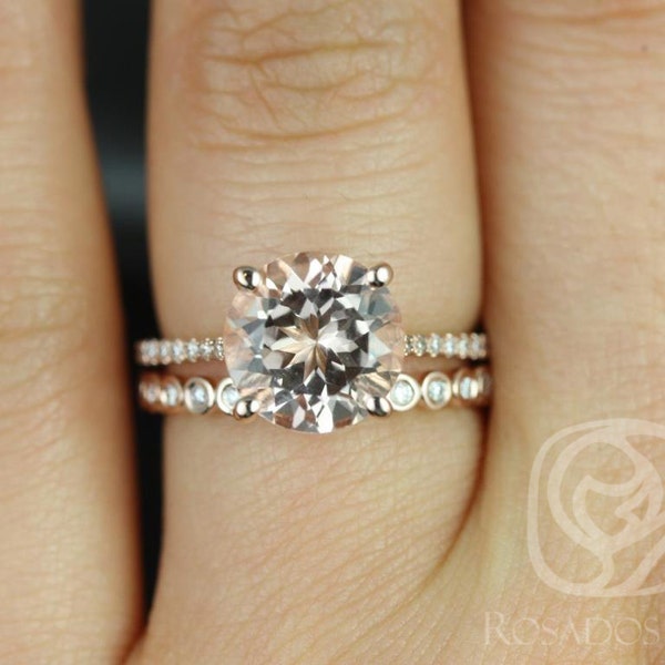 Eloise 9mm & Petite Bubbles 14kt Morganite Diamond Dainty Round Solitaire Bridal Set,Solitaire with Accent Ring,Round Engagement Ring Set