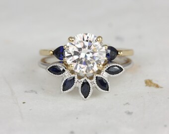 2cts Elise 8mm & Petunia 14kt Solid White Gold Forever One Moissanite Sapphire Pear Cluster Round 3 Stone Bridal Set