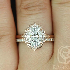 2ct Mae 9x7mm & Pernella 14kt Gold Moissanite Diamond Art Deco Unique Oval Halo Bridal Set