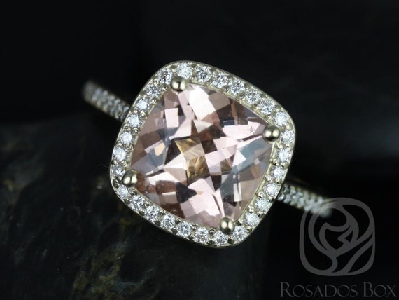 Ready to Ship Hollie 9mm 14kt WHITE Gold Cushion Morganite and Diamonds Halo Engagement Ring