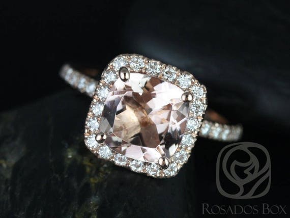 Ready to Ship Pernella 8mm 14kt Rose Gold Morganite Diamonds Micropave Cushion Halo Non-Cathedral Engagement Ring,Rosados Box