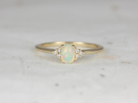 Ready to Ship Juniper 6x4mm 14kt Yellow Gold Opal Sapphire Cluster 3 Stone Oval Ring,October Birthstone,Art Deco Opal Ring