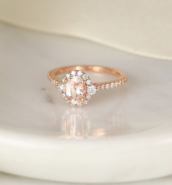 1.29ct Ready to Ship Bridgette 14kt Rose Gold Peach Sapphire Diamond Unique Halo Ring,Oval Engagement Ring,Three Stone Ring,Anniversary Ring