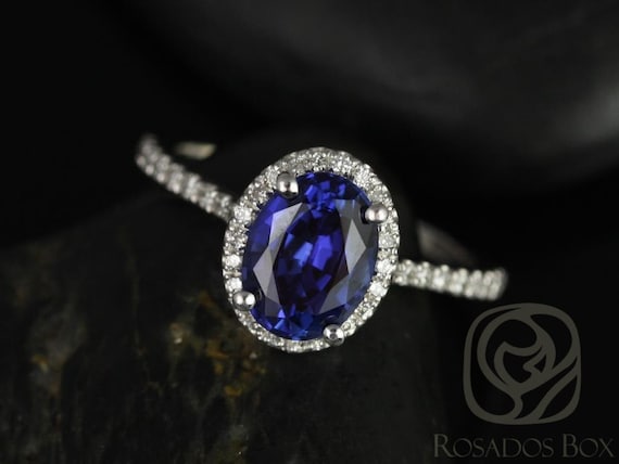 Ready to Ship Rebecca 8x6mm 14kt Solid White Gold Blue Sapphire Diamonds Dainty Micropave Oval Halo Engagement Ring