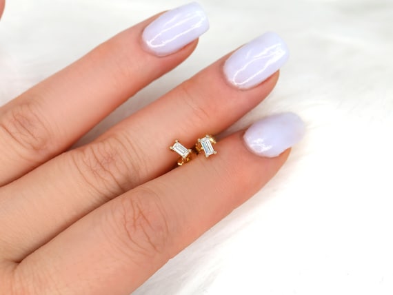 Ready to Ship Ultra Petite Betty 14kt YELLOW Gold Moissanite Baguette Stud Earring,Minimalist Earring,Baguette Earring,Birthday Gift