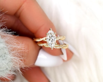 1.50ct Petite Tula 12x6mm 14kt Diamond Crossover Marquise Bridal Set,Twisted Marquise Engagement Ring Set,Unique Marquise Wedding Rings