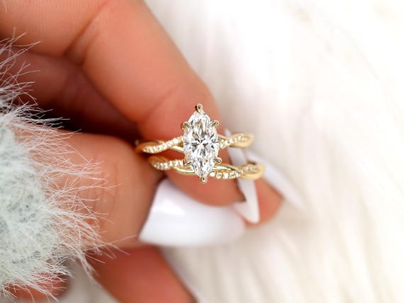 1.50ct Petite Tula 12x6mm 14kt Diamond Crossover Marquise Bridal Set,Twisted Marquise Engagement Ring Set,Unique Marquise Wedding Rings