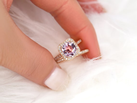 2.51ct Ready to Ship Hollie 14kt Rose Gold Peach Raspberry Sapphire Diamond Cushion Halo Bridal Set,Unique Sapphire Ring,Cushion Halo Ring