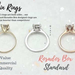 May include: Three engagement rings with different band widths. The ring on the left has a thin band, the middle ring has a slightly thicker band, and the ring on the right has the thickest band. The text "thin Rings" is at the top of the image. The text "Value Commercial Quality" is below the left ring. The text "Dixie" is to the right of the middle ring. The text "Rosados Box Standard" is below the right ring. The text "Skinny Flora" is to the right of the right ring.