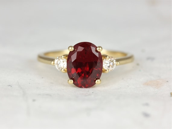 Gloria 9x7mm 14kt Gold Ruby Diamond Minimalist 3 Stone Oval Engagement Ring,July Birthstone,Anniversary Ring,Three Stone Ring,July Birthday