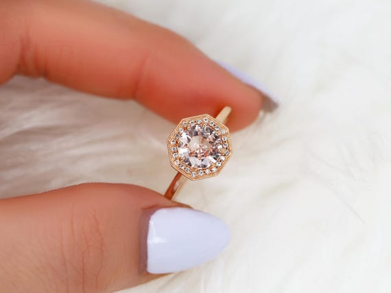 1.59ct Ready to Ship Winona 14kt Peach Champagne Diamonds Octagon Halo Ring,Unique Art Deco Ring,Sapphire Halo Ring,Sapphire Engagement Ring