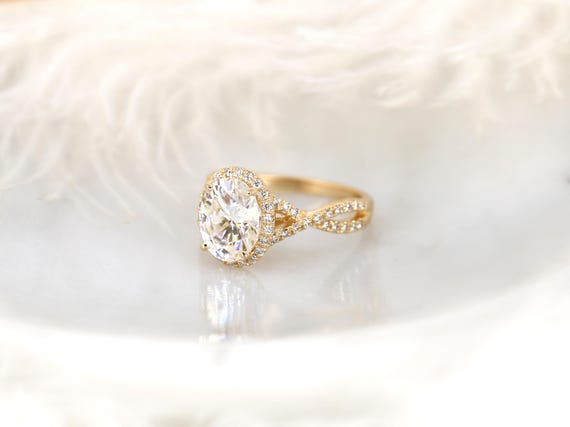 3ct Thelma 10x8mm 14kt Moissanite Diamond Oval Halo Engagement Ring,Crossover Halo Ring,Oval Wedding Ring,Anniversary Ring,Oval Cut Ring