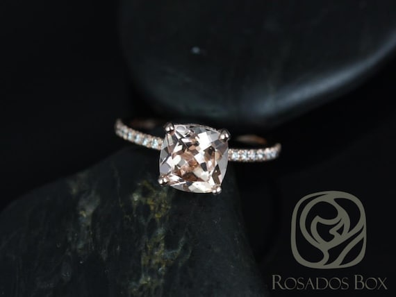 Ready to Ship Heidi 8mm 14kt Rose Gold Cushion Morganite Diamond Hidden Pave Halo Basket Engagement Ring,Rosados Box