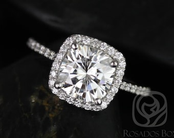 2ct Catalina 7.5mm 14kt White Gold Forever One Moissanite Diamond Dainty Micropave Cushion Halo Engagement Ring,Rosados Box
