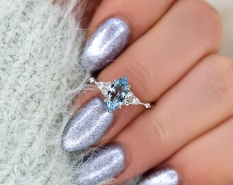 Astrid 10x5mm 14kt Aquamarine Art Deco Ring,Marquise Engagement Ring,Aquamarine Cluster Ring,March Birthstone,Birthday Gift,Anniversary