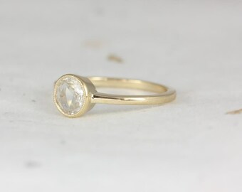Anillo solitario redondo con zafiro de talla rosa de 6 mm y oro amarillo de 14 kt de 3/4 ct, listo para enviar, anillo con bisel, anillo de compromiso minimalista, anillo Art Déco.
