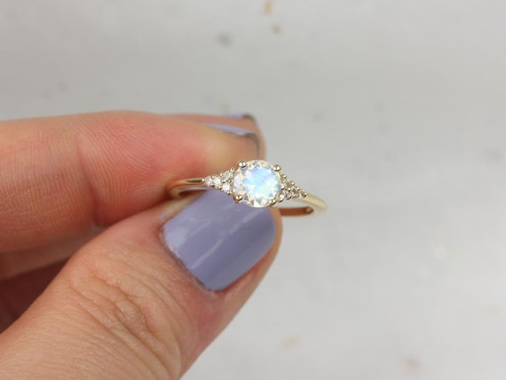 Malia 6mm 14kt Gold Rainbow Moonstone Sapphire Art Deco Dainty Round 3 Stone Cluster Ring,Pinky Promise Ring,Birthstone Gift