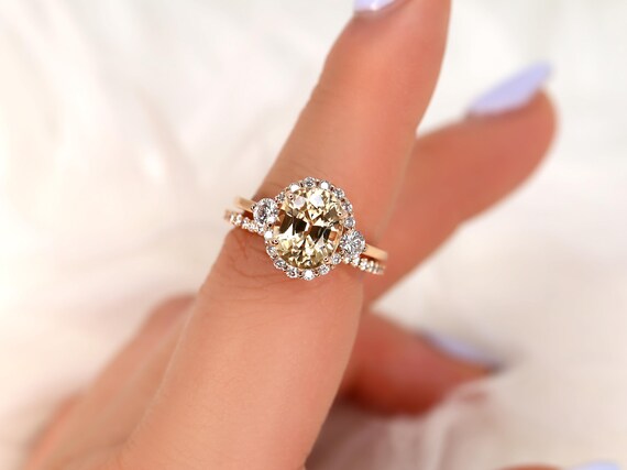 4.74ct Ready to Ship Britney 14kt Rose Gold Champagne Zircon Diamond Unique Oval Halo Bridal Set,Three Stone Ring,Oval Engagement Ring Set