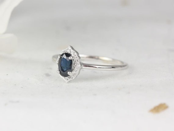 Mini Mae 6x4mm 14kt White Gold Blue Sapphire Diamond Dainty Art Deco Oval Halo WITH Milgrain Ring