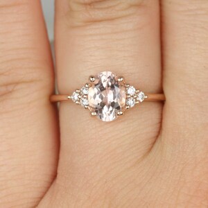 Juniper 8x6mm 14kt Rose Gold Morganite Diamond Three Stone Oval Engagement Ring,Dainty Morganite Cluster Ring,Anniversary Gift image 4