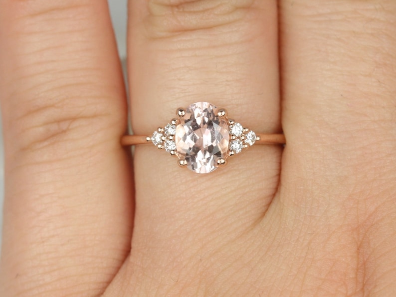 Juniper 8x6mm 14kt Rose Gold Morganite Diamond Three Stone Oval Engagement Ring,Dainty Morganite Cluster Ring,Anniversary Gift image 4