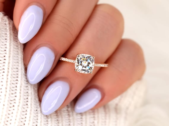 2ct Marcelle 7.5mm 14kt Moissanite Diamond Cushion Solitaire with Accents Ring,Cushion Ring,Cushion Solitaire Ring,Cushion Engagement Ring