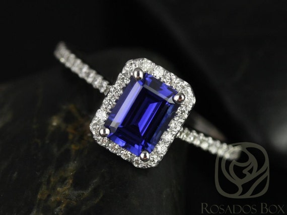 Lisette 7x5mm 14kt Gold Rectangle Emerald Cut Blue Sapphire and Diamonds Halo Engagement Ring