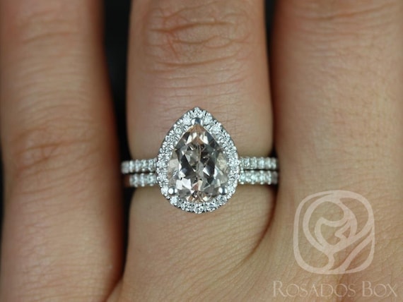 Tabitha 9x7mm 14kt White Gold Morganite Diamonds Thin Micro Pave Pear Halo Classic Bridal Set