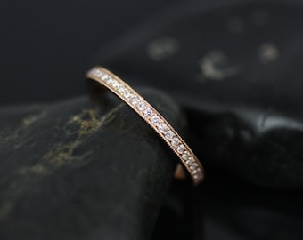 Anillo de eternidad Victoria de oro rosa de 18 kt con diamantes milgrain, listo para enviar. Anillo de diamantes, anillo de apilamiento de diamantes, anillo de bodas de diamantes.