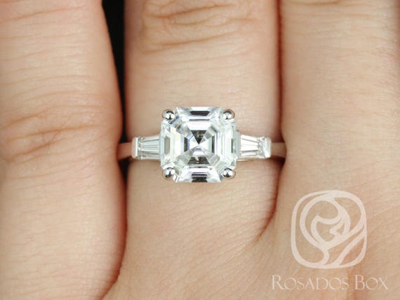 Ready to Ship Fae 8mm 14kt White Gold Forever One DEF Moissanite Diamond Art Deco Baguette 3 Stone Asscher Engagement Ring