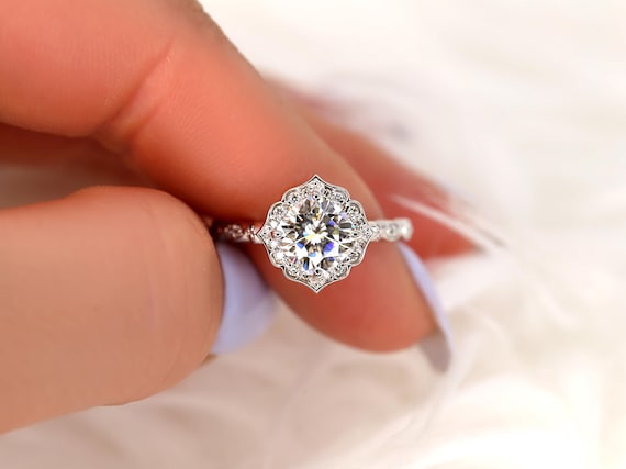 1.70ct Lucille 7mm 14kt WITHOUT Milgrain Moissanite Diamond Compass Set Halo Ring,Unique Halo Ring,Art Deco Halo Ring,Halo Engagement Ring